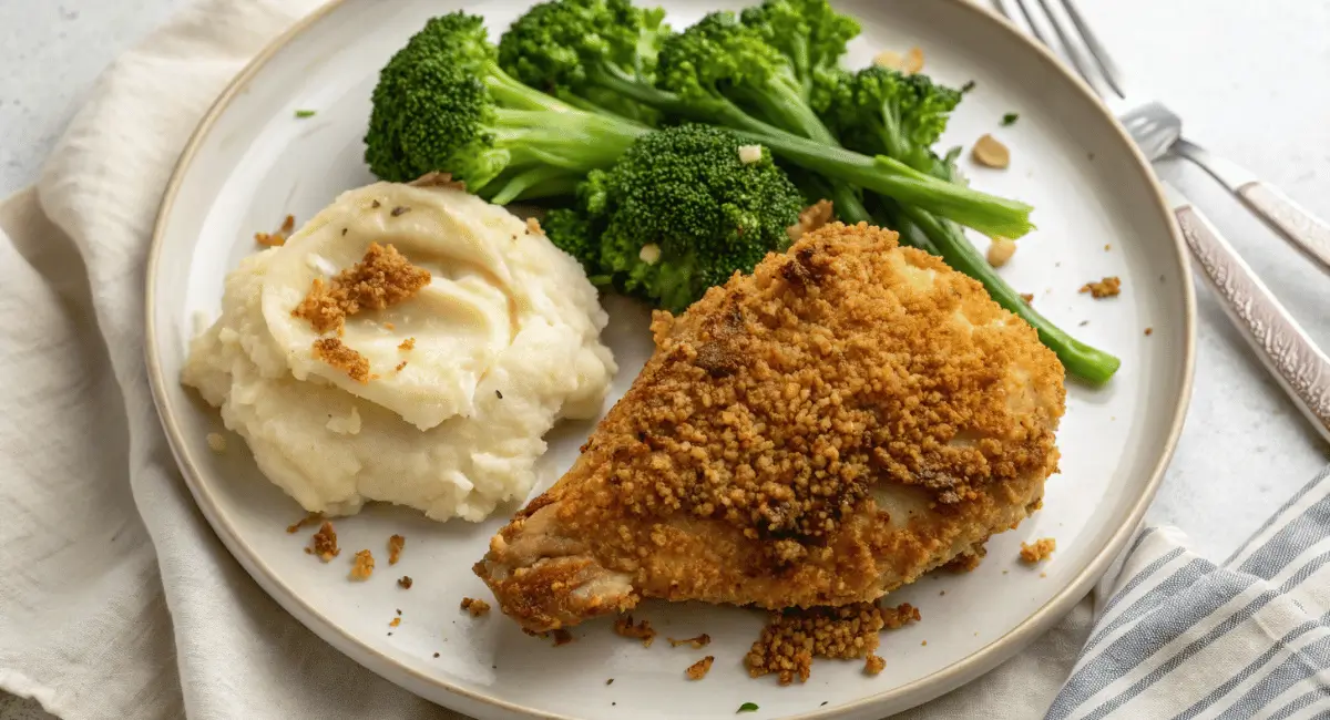 Crispy Longhorn Parmesan Crusted Chicken on a plate, ready to eat