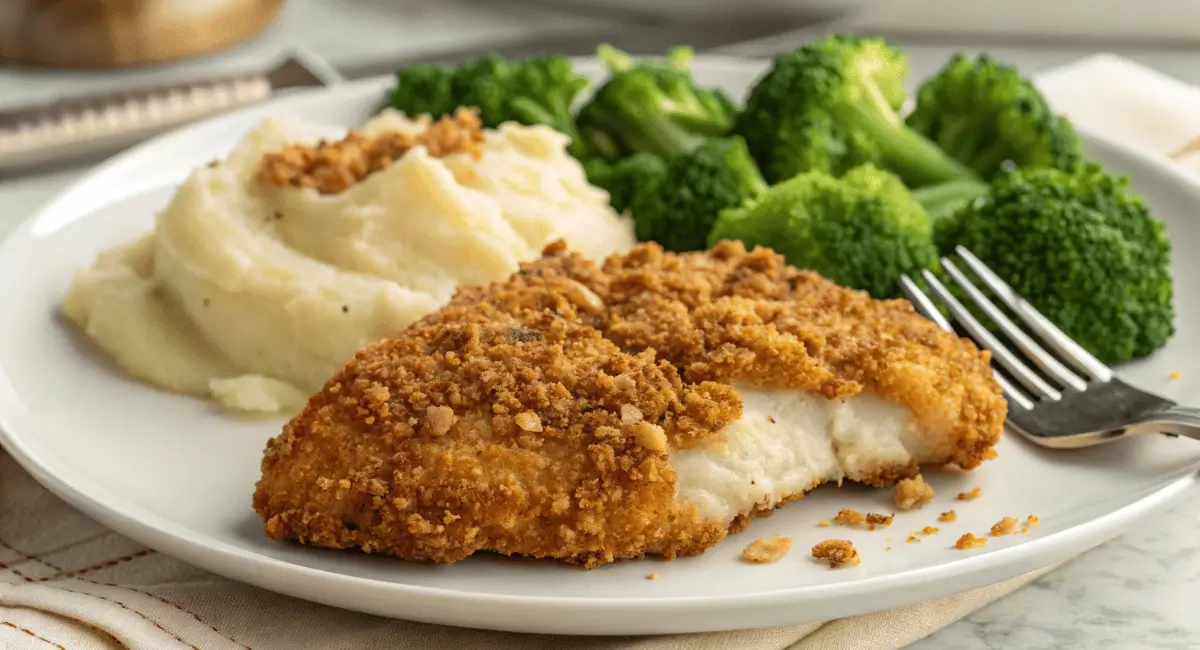 Crispy Longhorn Parmesan Crusted Chicken on a plate, ready to eat