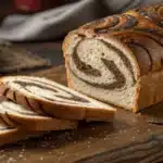 How to Make Marble Rye Bread at Home: Full Guide 9 A loaf of marble rye bread, sliced, on a dark wooden cutting board, emphasizing the swirl and texture.
