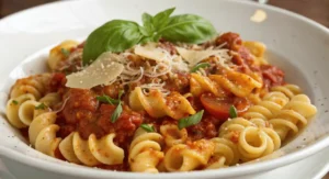 Trottole pasta with creamy tomato sauce and basil