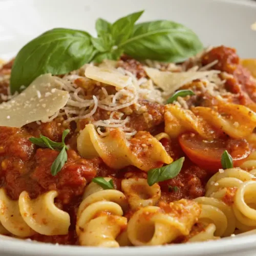 Trottole pasta with creamy tomato sauce and basil