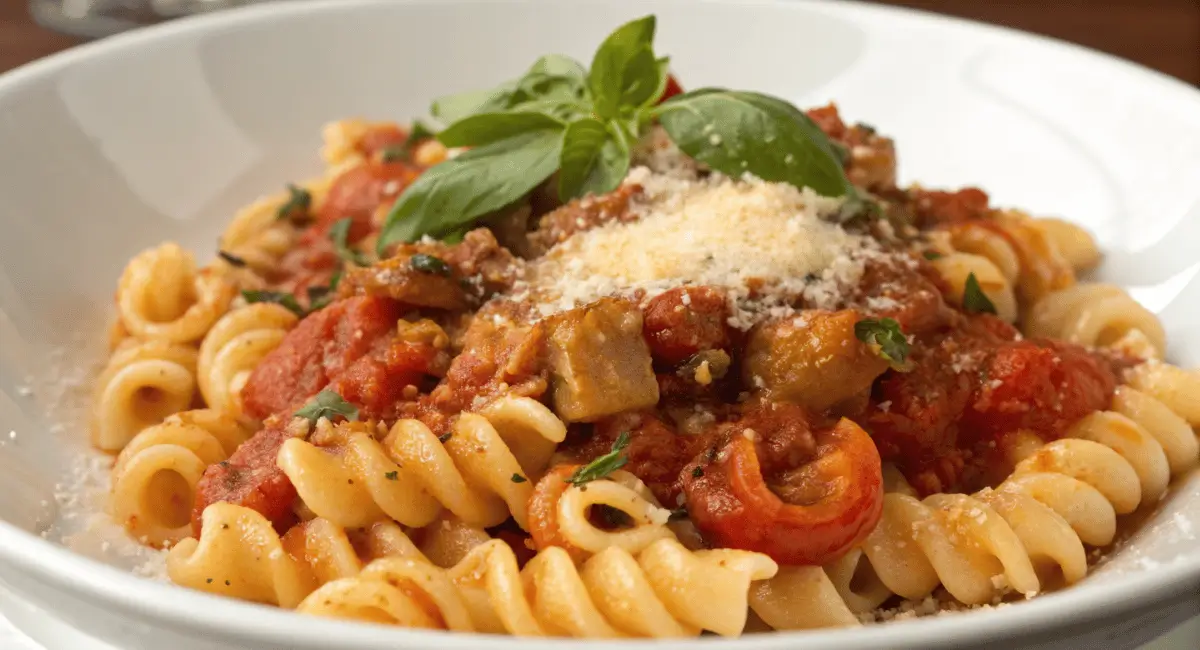 Trottole pasta with creamy tomato sauce and basil