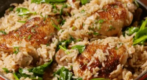 Overhead view of Ranch Chicken and Rice in a pan, showing chicken, rice, and spinach.