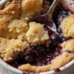 Top-down view of blueberry cottage cheese breakfast bake dessert in a white ramekin, floral plate.