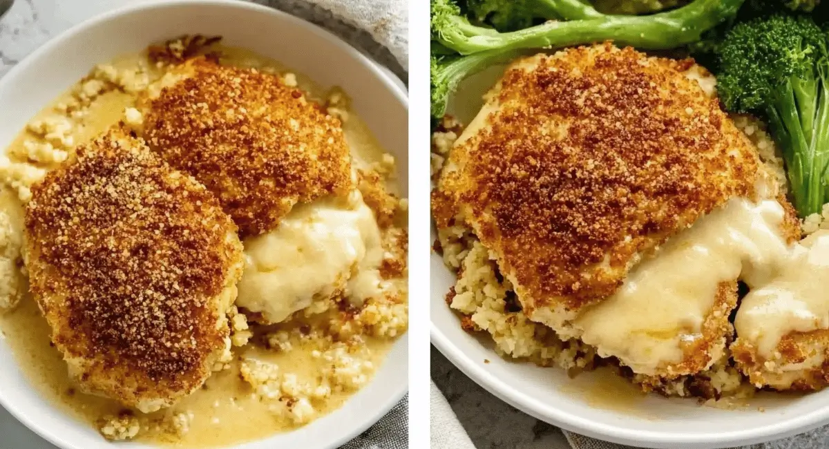 Two images showing Copycat Longhorn Parmesan Crusted Chicken: one with creamy sauce and cauliflower rice, the other with broccoli and cauliflower rice.