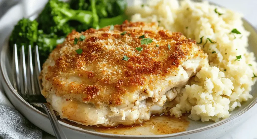 Copycat Longhorn Parmesan Crusted Chicken served with broccoli and cauliflower rice.