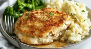 Copycat Longhorn Parmesan Crusted Chicken served with broccoli and cauliflower rice.