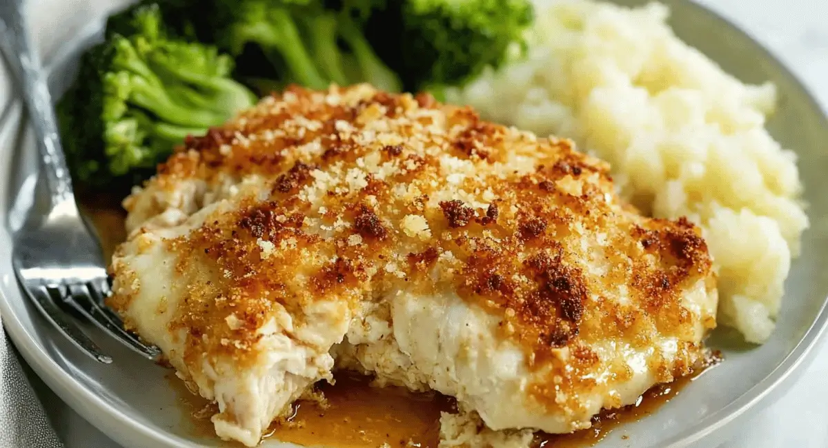 Copycat Longhorn Parmesan Crusted Chicken served with broccoli and cauliflower rice.