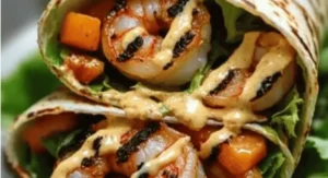 Stacked Grilled Shrimp Caesar Wraps showing layers of shrimp, lettuce, and dressing.