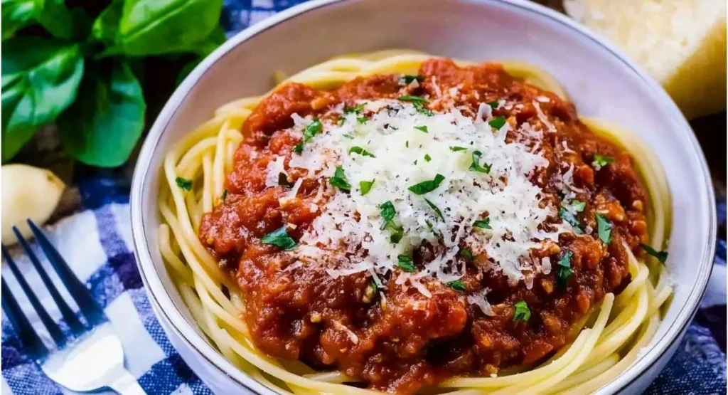 Bowl of spaghetti topped with Homemade Spaghetti Sauce and cheese