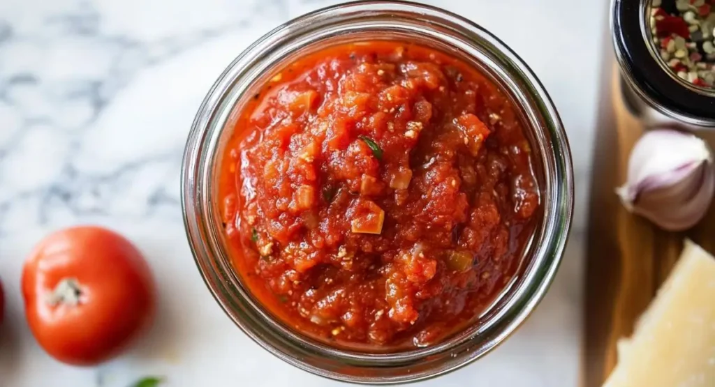 Jar of chunky Homemade Spaghetti Sauce with ingredients around it