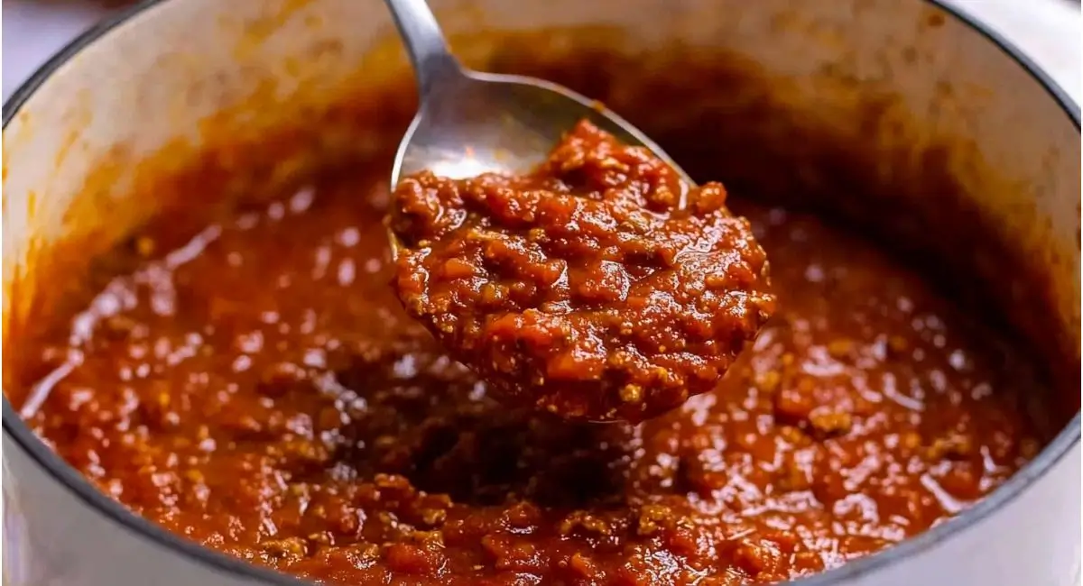 Spoon lifting thick Homemade Spaghetti Sauce from a pot