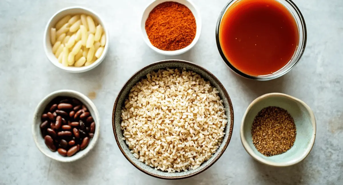 Ingredients for Mexican Brown Rice laid out on a white surface.