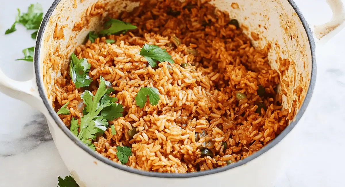 Mexican Brown Rice in a pot, garnished with cilantro.