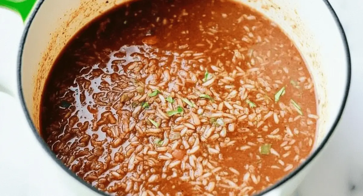 Close-up of simmering Mexican Brown Rice in a pot.
