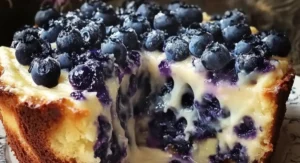 A slice of Nova Scotia Blueberry Cream Cake with a creamy filling and a fork on a patterned plate.