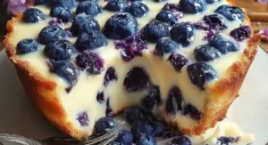 Nova Scotia Blueberry Cream Cake with a slice missing, surrounded by purple flowers and a wooden table.