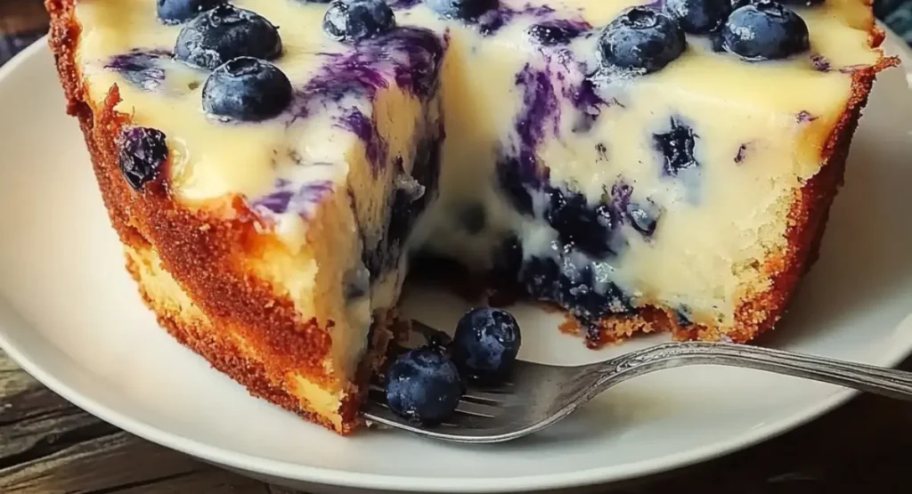 Nova Scotia Blueberry Cream Cake with a slice removed and a fork, set on a wooden table.