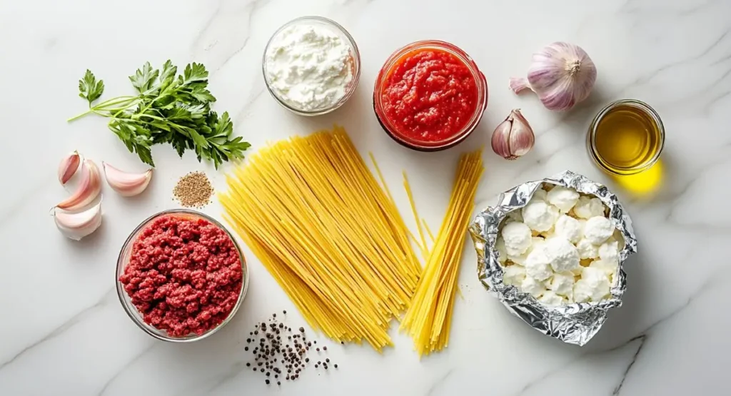 Ingredients laid out for making spaghetti casserole.