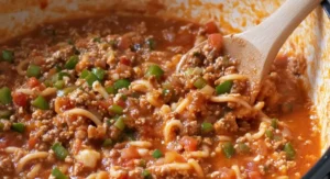 Close-up of spaghetti casserole sauce being stirred in a pot.