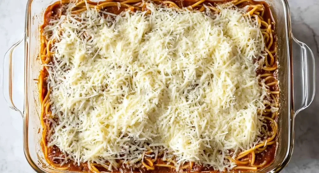 Unbaked spaghetti casserole in a glass baking dish topped with shredded cheese.