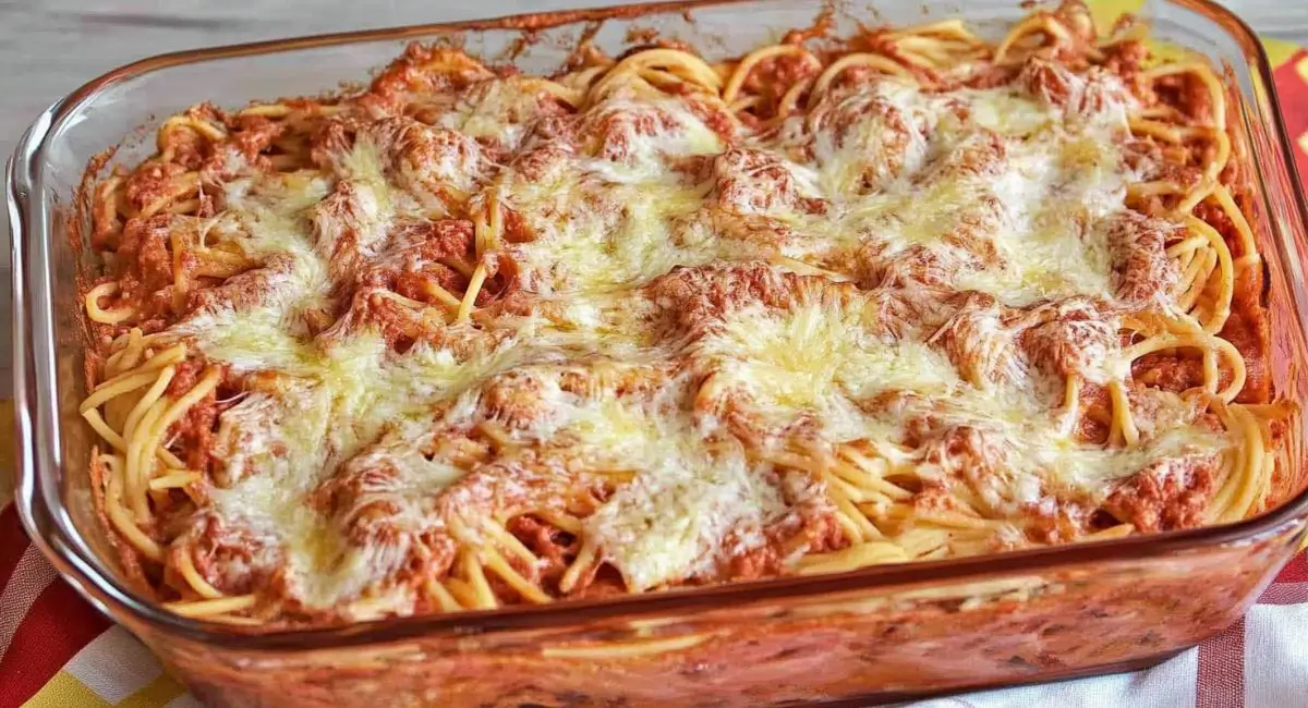 A baked spaghetti casserole in a glass dish, showing melted and slightly browned cheese.