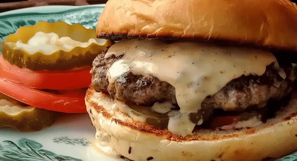 Ultimate Guide to Juicy, Flavorful Venison Burgers 9 A single cooked burger with melted white sauce, pickles, and tomatoes on a patterned plate.