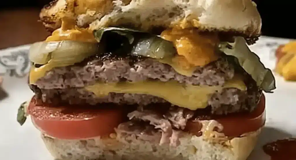 Ultimate Guide to Juicy, Flavorful Venison Burgers 11 A tall double meat burger with cheese, tomatoes, onions, and sauce on a plate.