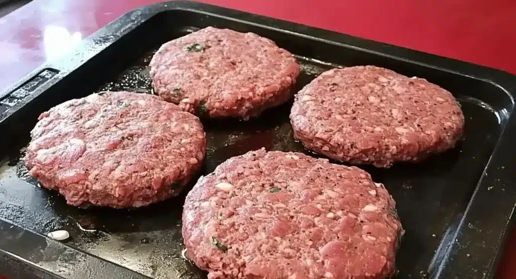 Ultimate Guide to Juicy, Flavorful Venison Burgers 10 Four raw meat patties on a black baking sheet.
