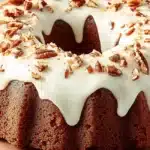Irresistible carrot bundt cake recipe with sweet cream cheese frosting and pecan garnish.