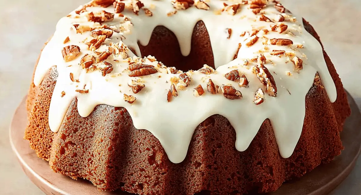 Irresistible carrot bundt cake recipe with sweet cream cheese frosting and pecan garnish.