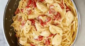 Pan of creamy chicken spaghetti with chicken and tomatoes.