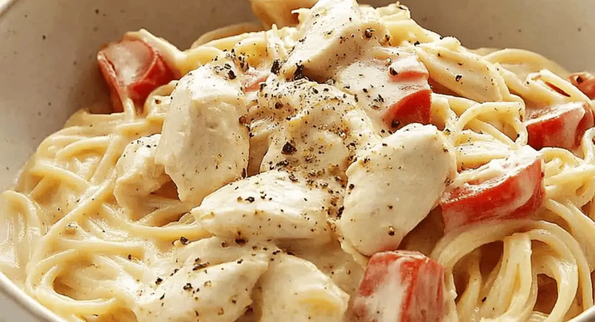 Bowl of creamy chicken spaghetti with tomatoes and black pepper.