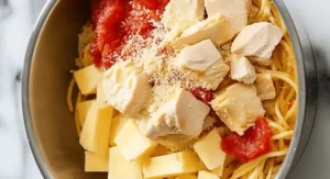 Uncooked chicken spaghetti ingredients in a pot.