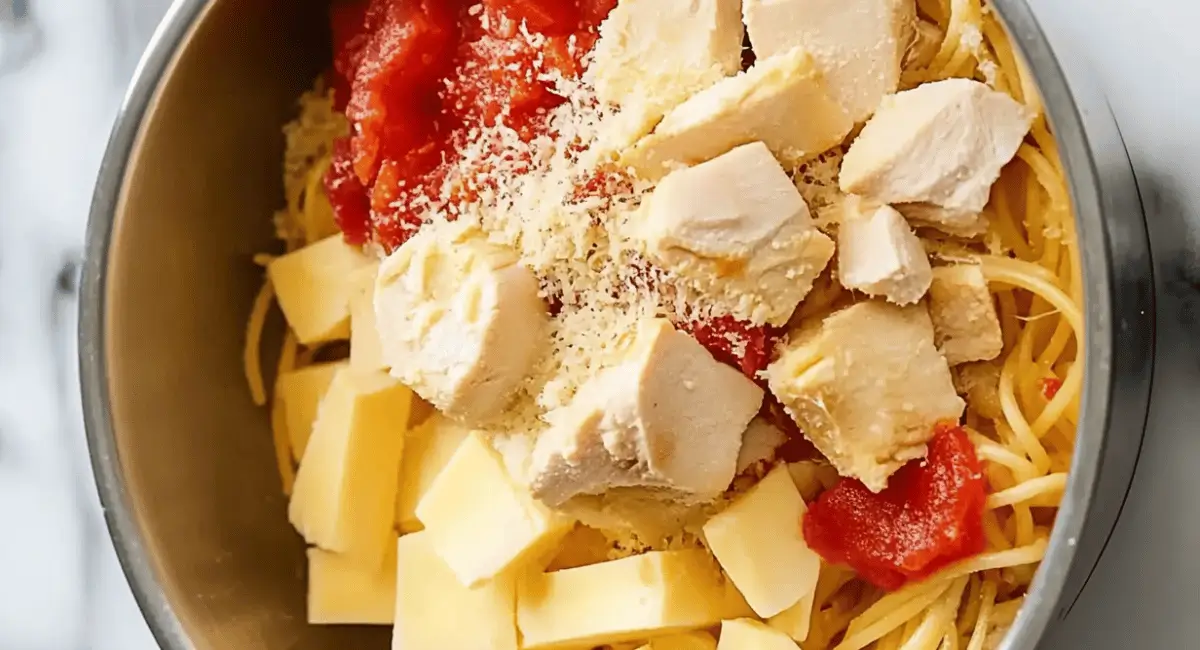 Uncooked chicken spaghetti ingredients in a pot.