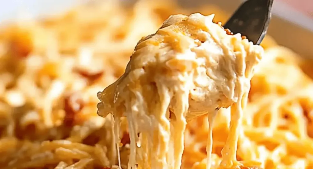 Creamy chicken spaghetti being lifted with a serving spoon.