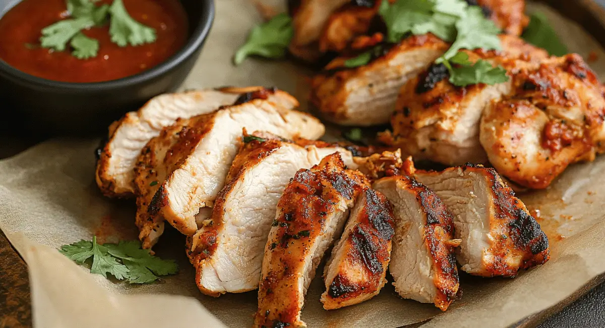 Grilled chipotle chicken recipe pieces garnished with cilantro.
