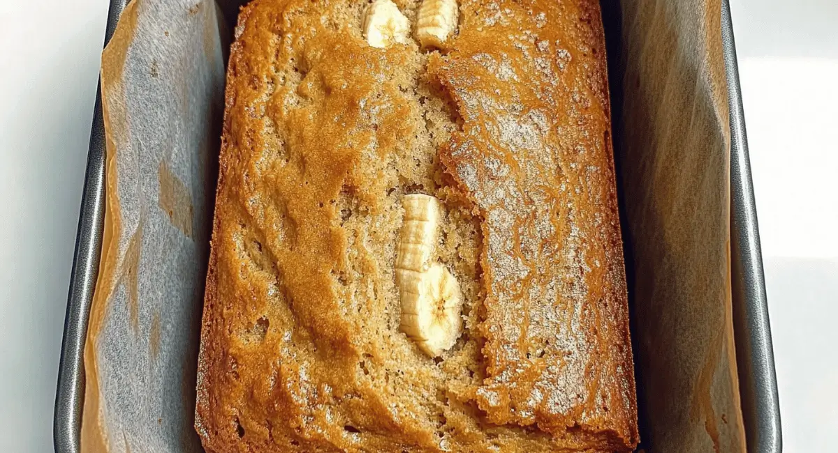 Freshly baked cottage cheese banana bread in a baking pan.