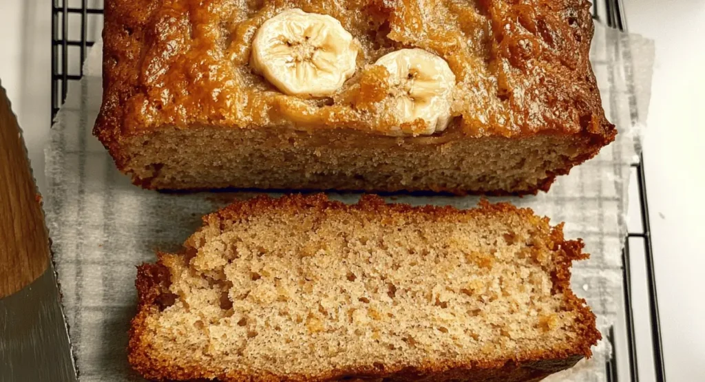 Cottage cheese banana bread loaf and slice on a cooling rack.