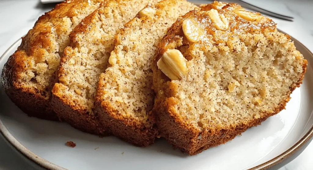 Slices of moist cottage cheese banana bread on a plate.