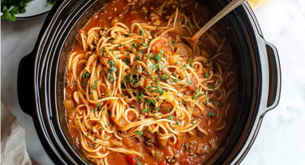 Crockpot spaghetti in a slow cooker with a spoon, garnished with fresh herbs.