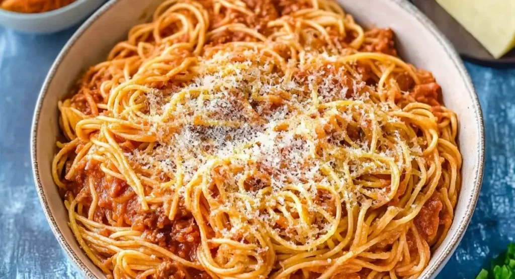 A close-up shot of a large bowl filled with crockpot spaghetti topped with grated cheese.