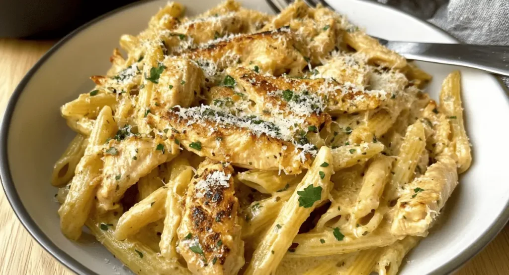 Serving of creamy garlic parmesan chicken pasta.