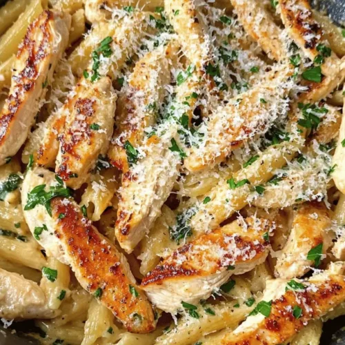 Garlic parmesan chicken pasta with parsley and parmesan.