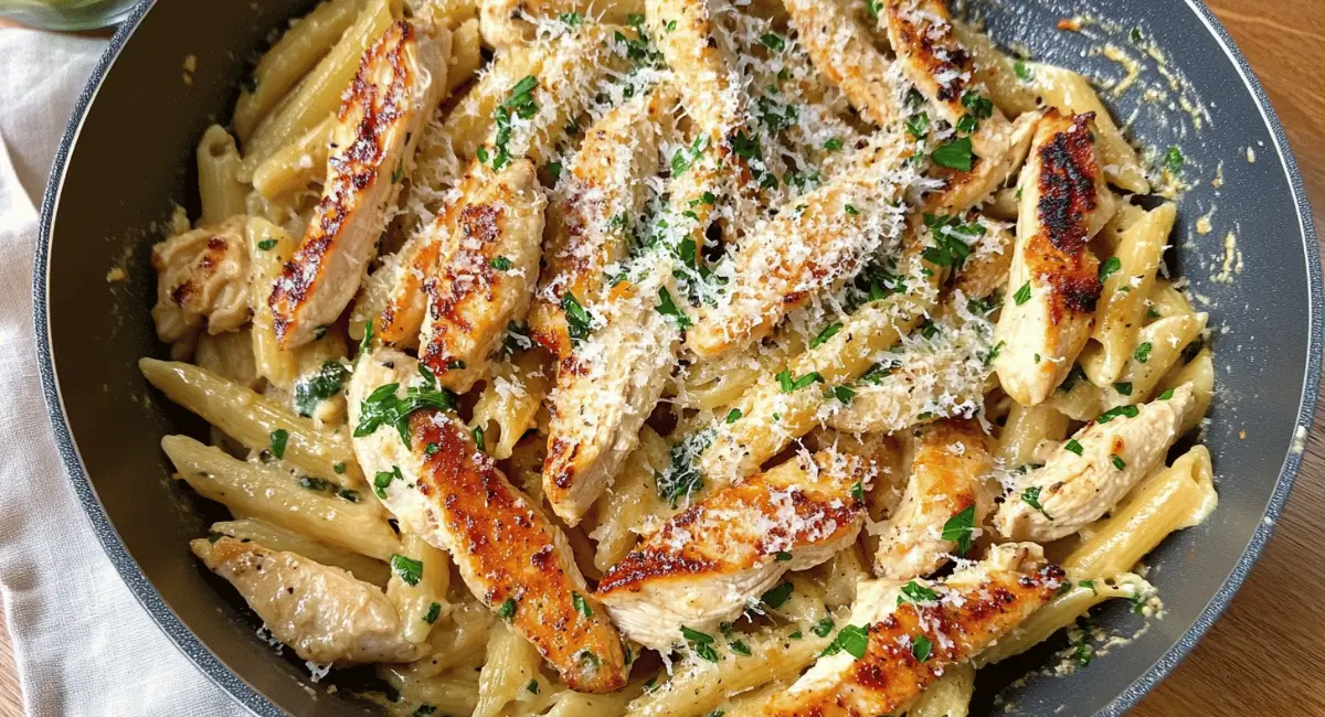 Garlic parmesan chicken pasta with parsley and parmesan.