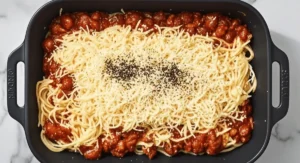 Overhead view of an oblong black baking dish filled with layers of spaghetti, meat sauce, and shredded cheese, ready for baking.