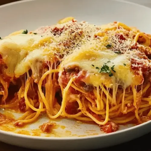A serving of cheesy baked spaghetti on a white plate, with melted cheese pulling and a visible layer of tomato sauce and meat.