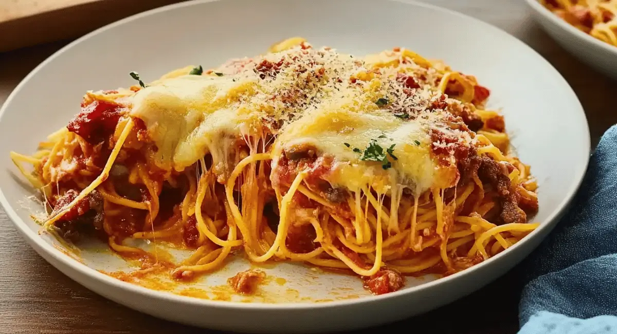 A serving of cheesy baked spaghetti on a white plate, with melted cheese pulling and a visible layer of tomato sauce and meat.