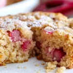 A round rhubarb cake with a wedge missing, revealing the juicy rhubarb chunks inside, generously sprinkled with powdered sugar and served on a white plate.