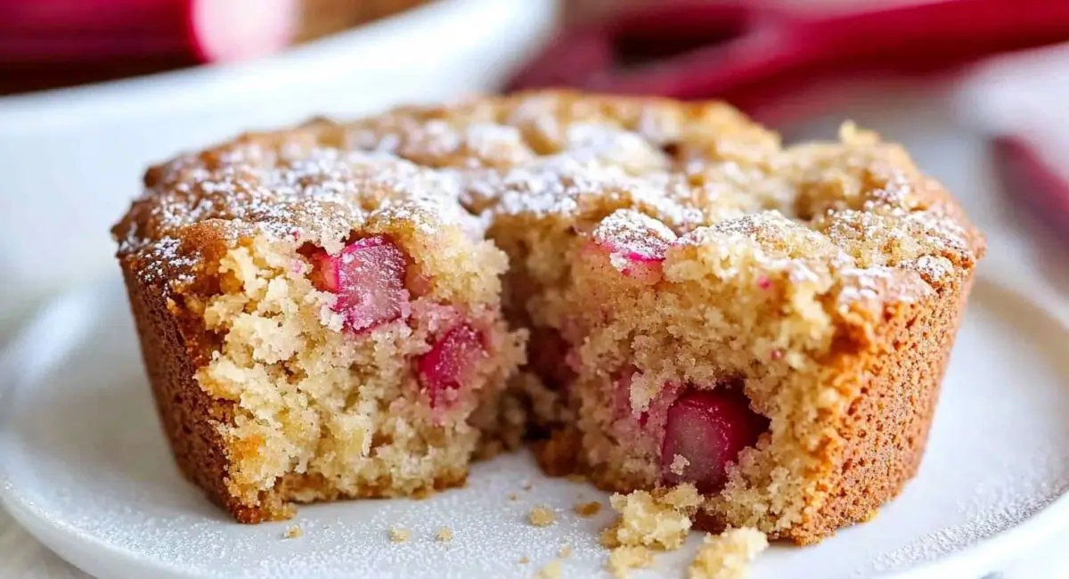 A round rhubarb cake with a wedge missing, revealing the juicy rhubarb chunks inside, generously sprinkled with powdered sugar and served on a white plate.